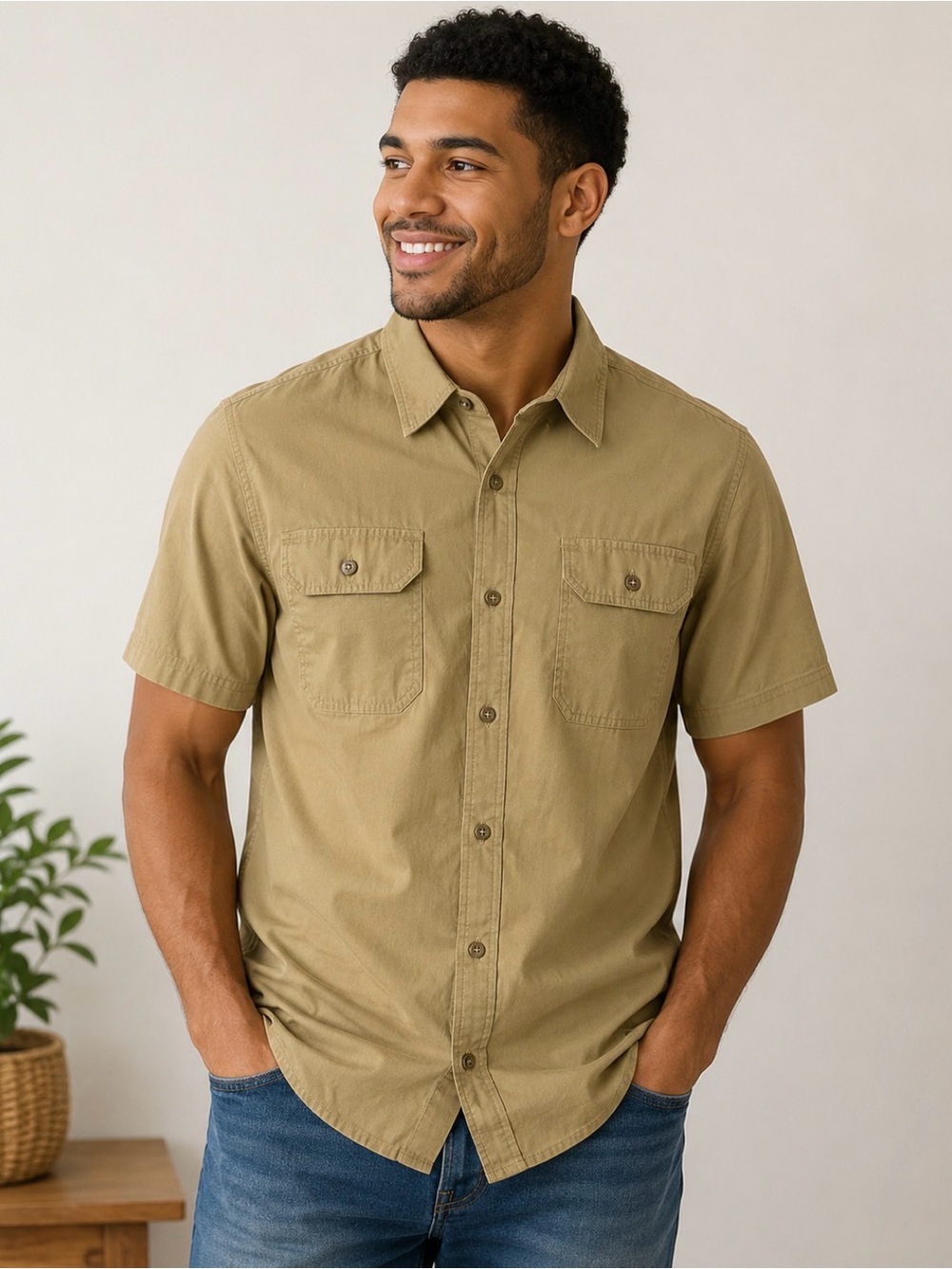 NWOT Men's Wrangler Short Sleeve Button-Up Utility Shirt in Khaki Sz S